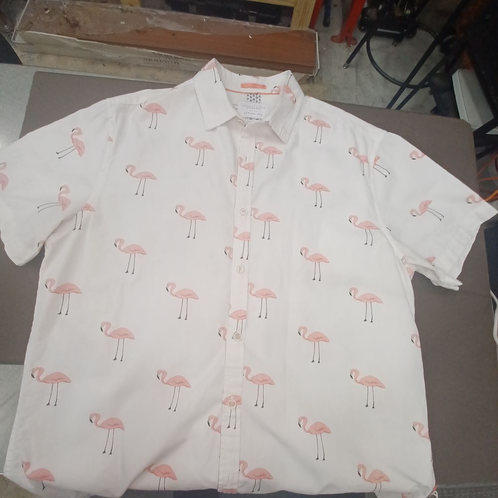 Denim & Flower Pink Flamingo Print Button Down Shirt Casual Summer‎ Slim Fit 42
